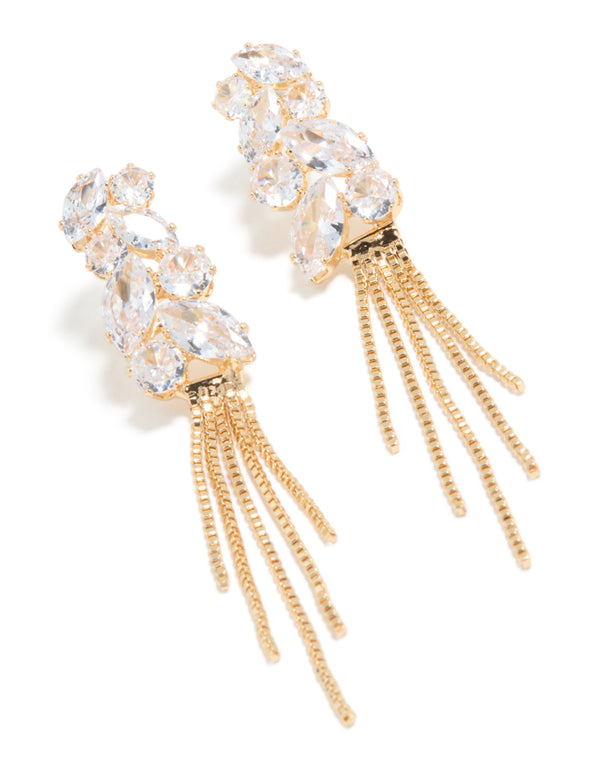 Gold Cubic Zirconia Mixed Shape Chain Drop Earrings
