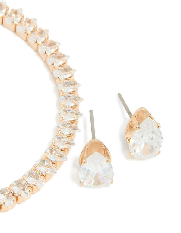 Gold Cubic Zirconia Tennis Bracelet & Earrings Set