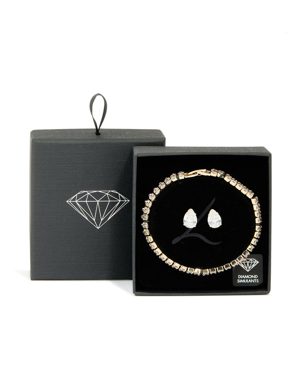 Gold Cubic Zirconia Tennis Bracelet & Earrings Set