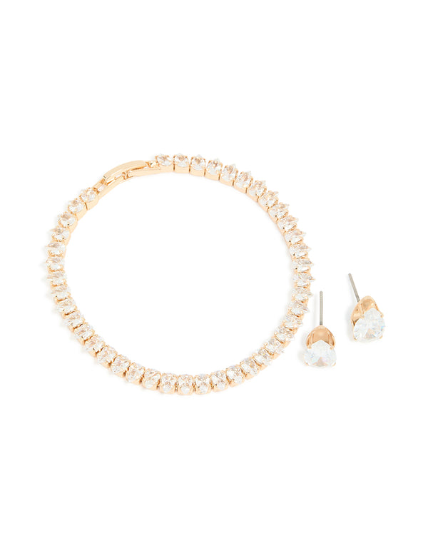 Gold Cubic Zirconia Tennis Bracelet & Earrings Set