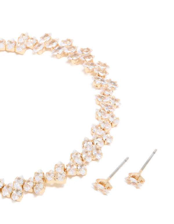 Gold Cubic Zirconia Marquise Cluster Tennis Bracelet & Earrings Set