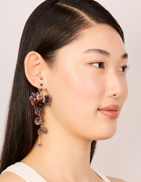 Dark Brown Acrylic Flower Petals Large Drop Earrings