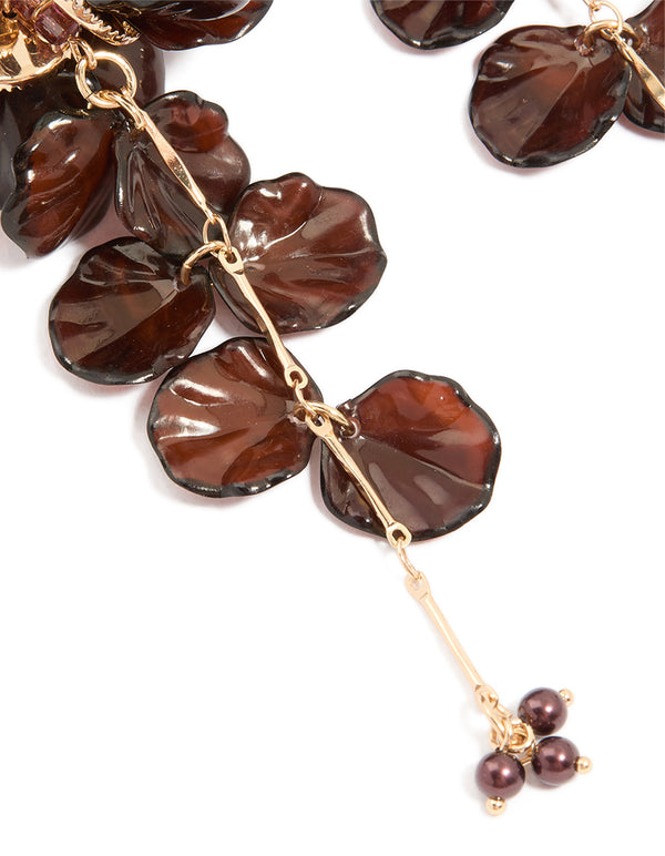 Dark Brown Acrylic Flower Petals Large Drop Earrings
