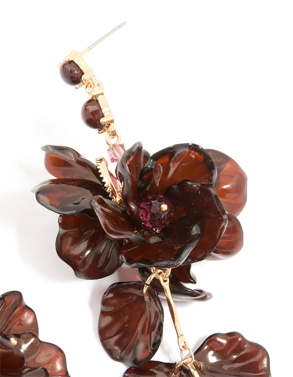 Dark Brown Acrylic Flower Petals Large Drop Earrings