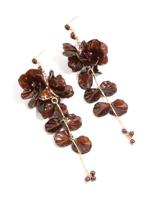 Dark Brown Acrylic Flower Petals Large Drop Earrings