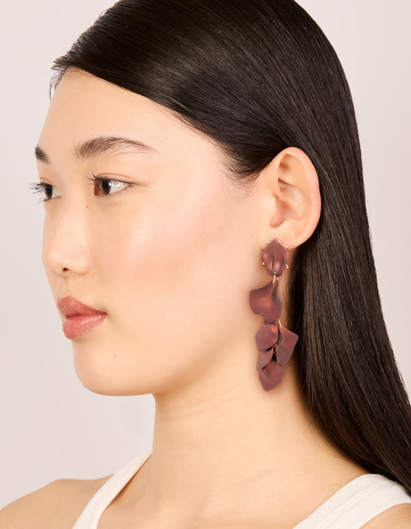 Dark Brown Coated Metal Petal Drop Earrings