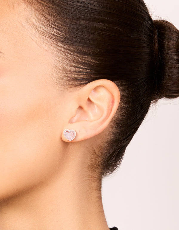 Rose Gold Plated Pink Cubic Zirconia Heart Inlay Stud Earrings