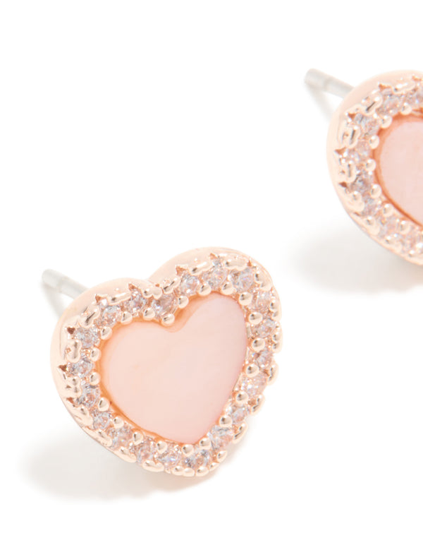 Rose Gold Plated Pink Cubic Zirconia Heart Inlay Stud Earrings