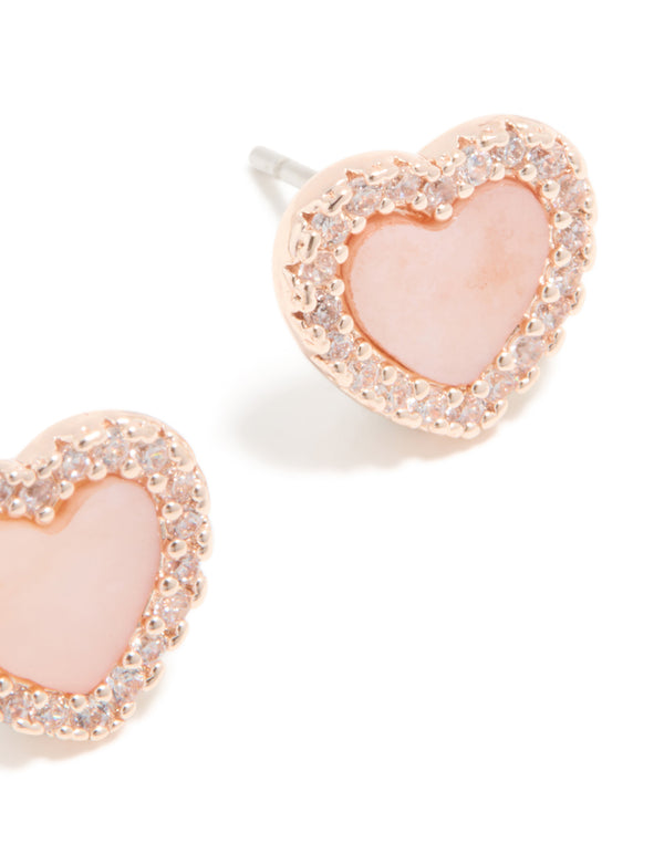 Rose Gold Plated Pink Cubic Zirconia Heart Inlay Stud Earrings