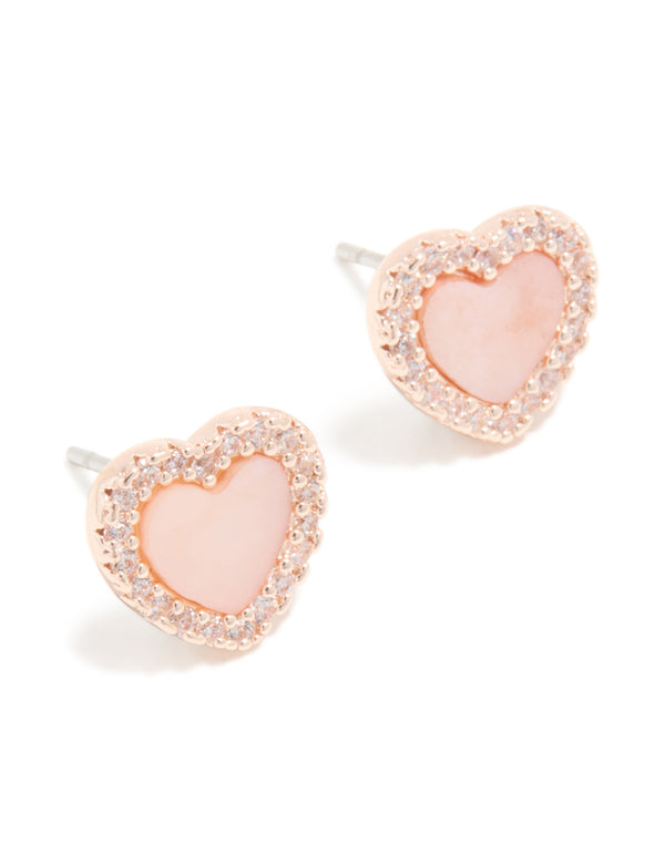 Rose Gold Plated Pink Cubic Zirconia Heart Inlay Stud Earrings