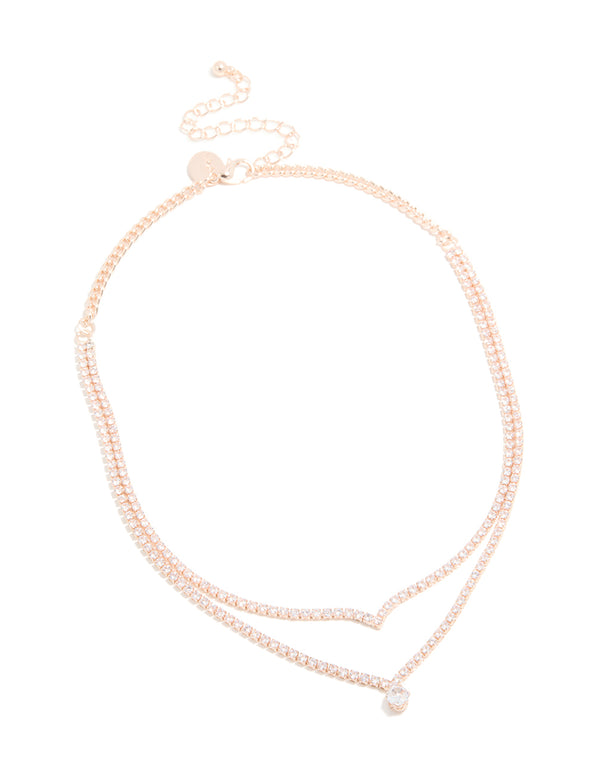 Rose Gold Plated Cubic Zirconia Layered Drop Pendant Necklace