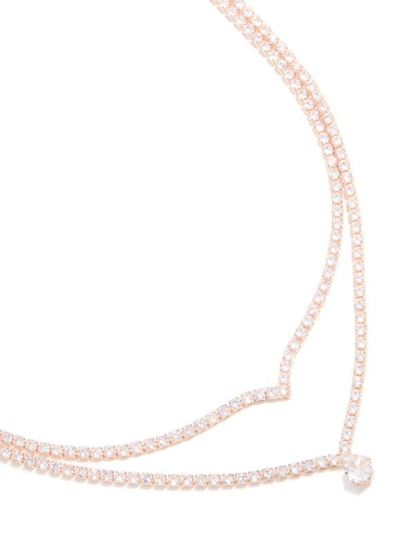 Rose Gold Plated Cubic Zirconia Layered Drop Pendant Necklace