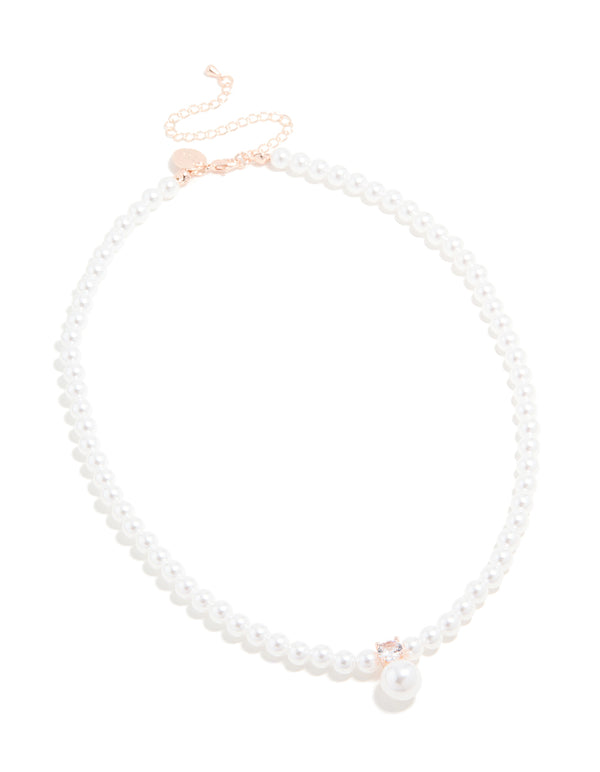Rose Gold Plated Pearl & Cubic Zirconia Necklace