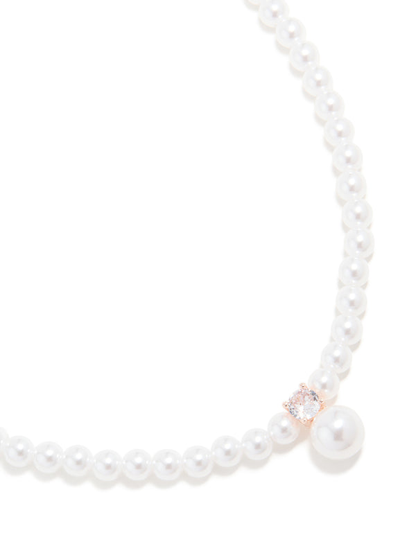 Rose Gold Plated Pearl & Cubic Zirconia Necklace