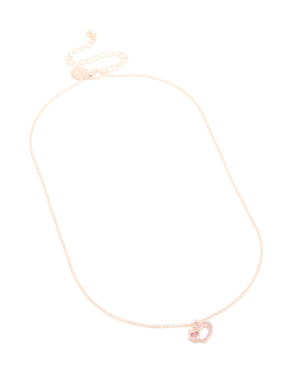 Rose Gold Plated Pink Cubic Zirconia Double Heart Pendant Necklace