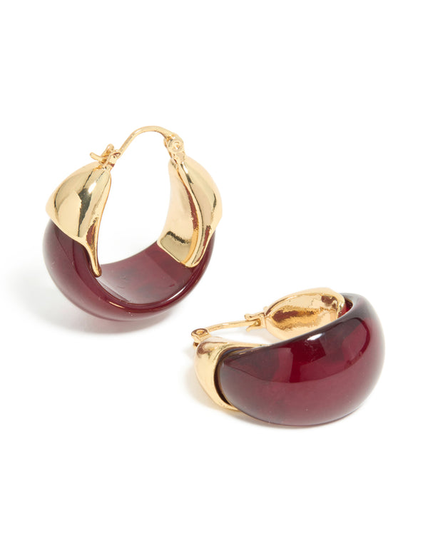 Gold Plated Burgundy Acrylic Huggie Earrings