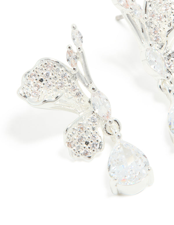 Silver Plated Cubic Zirconia Half Flower Drop Earrings