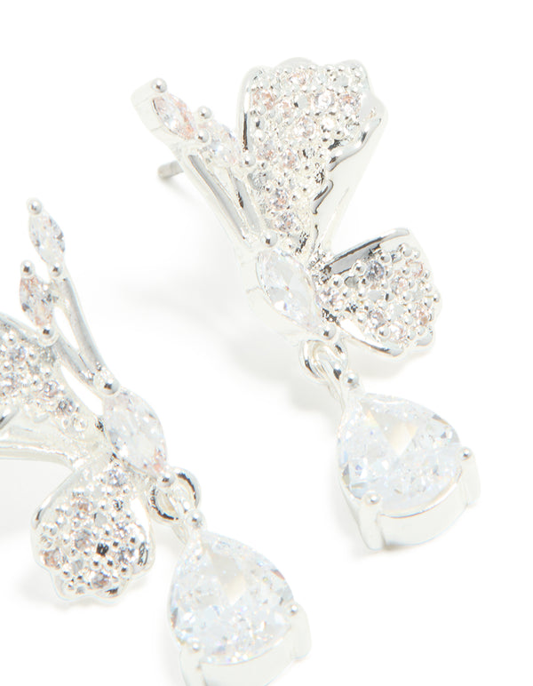 Silver Plated Cubic Zirconia Half Flower Drop Earrings
