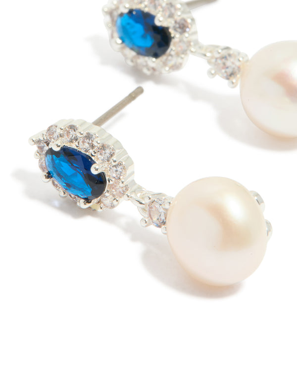 Silver Plated Blue Cubic Zirconia & Freshwater Pearl Halo Drop Earrings