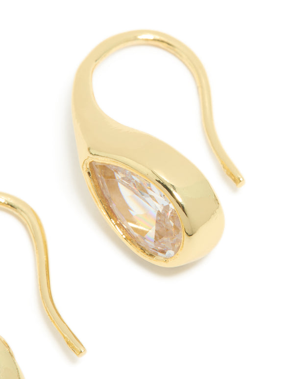 These gold plated cubic zirconia modern teardrop hook earrings in clear showcase post detail view