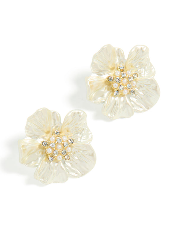 Elegant statement flower earrings in gold plated finish with pearl and diamante cluster center front view