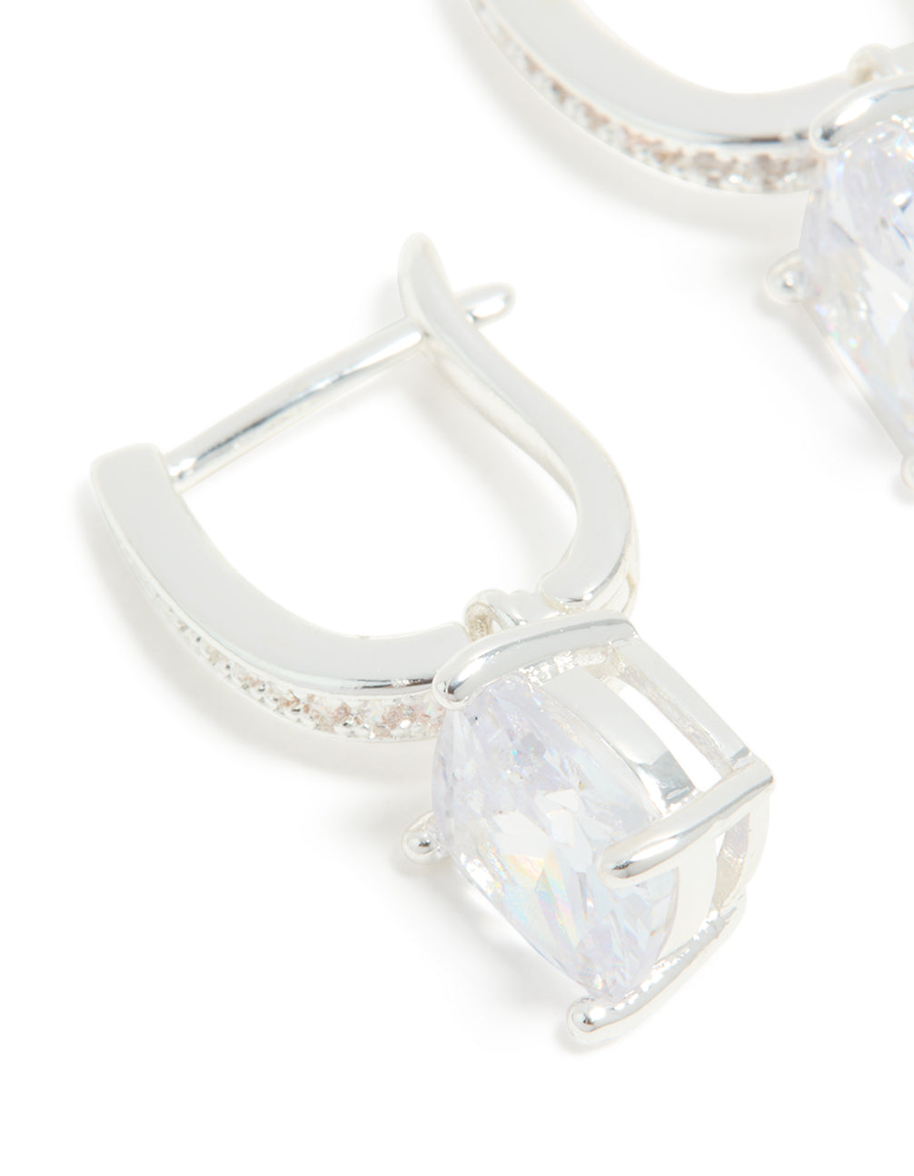 Silver Plated Cubic Zirconia Inlay Half Square Huggie Earrings