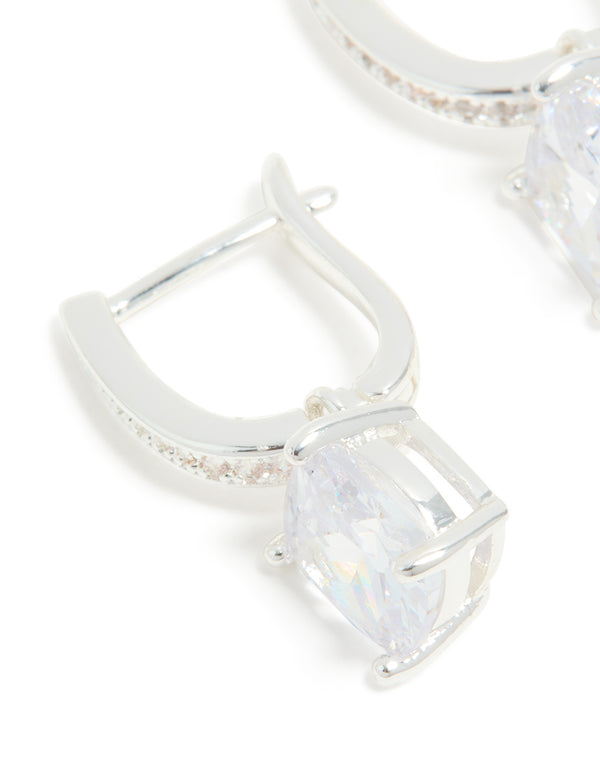 Silver Plated Cubic Zirconia Inlay Half Square Huggie Earrings