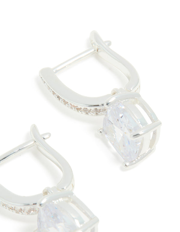 Silver Plated Cubic Zirconia Inlay Half Square Huggie Earrings