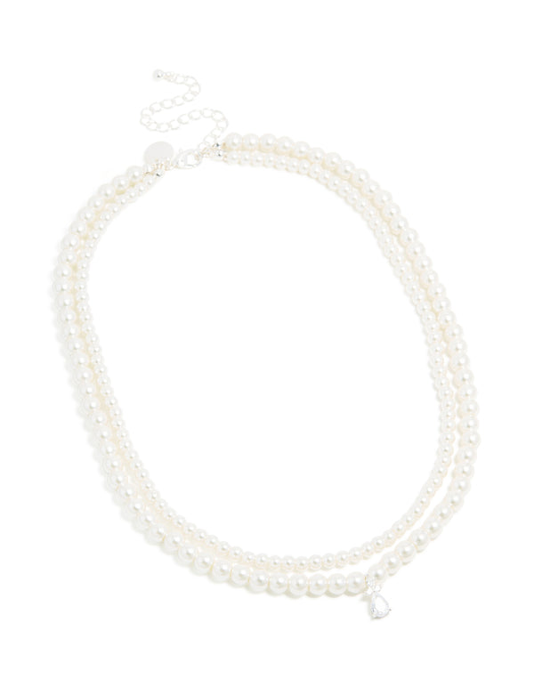 Silver Plated Cubic Zirconia & Pearl Layered Necklace