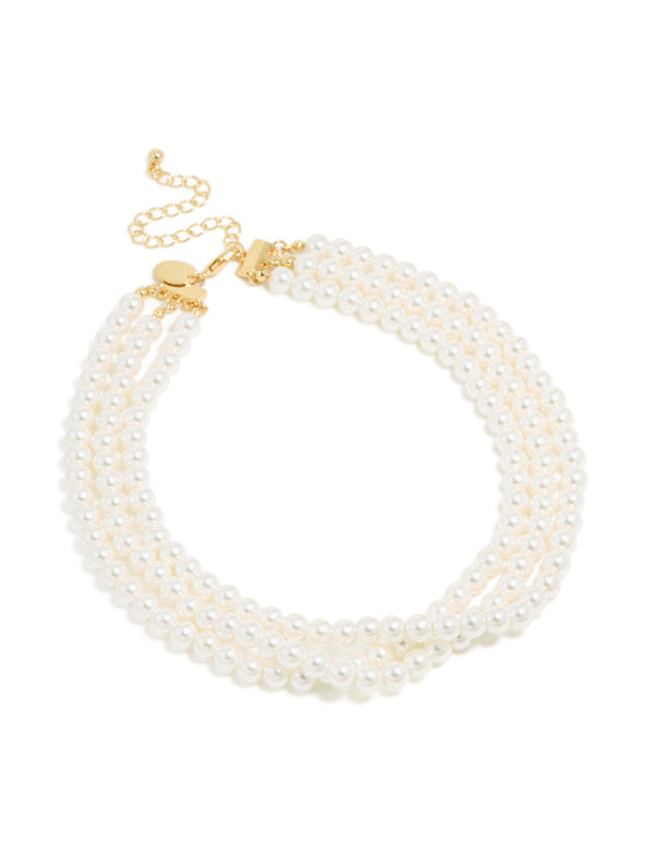 Gold Plated Pearl Short Triple Layered Necklace