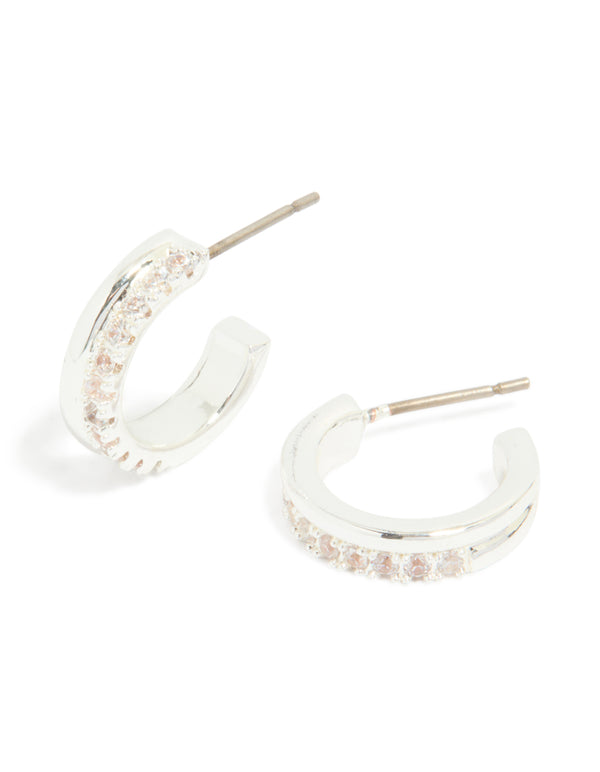 Silver Plated Cubic Zirconia Double Mirrored Hoop Earrings