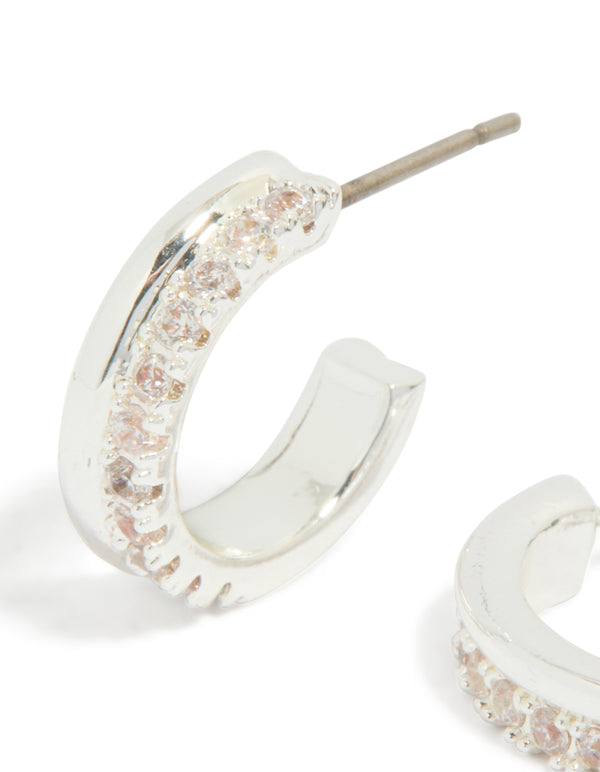Silver Plated Cubic Zirconia Double Mirrored Hoop Earrings