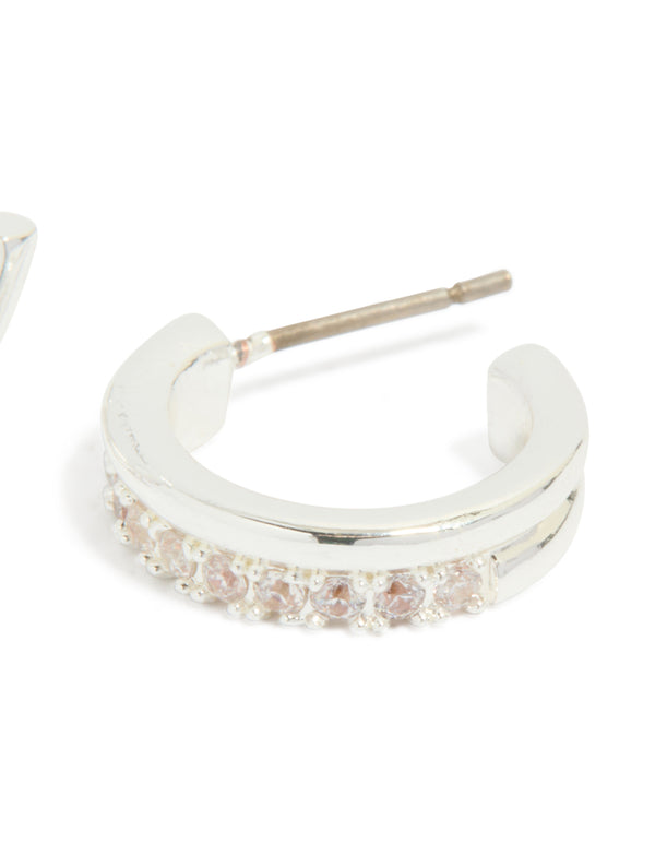Silver Plated Cubic Zirconia Double Mirrored Hoop Earrings