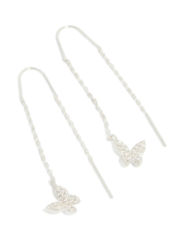 Silver Plated Cubic Zirconia Butterfly Thread Through Earrings