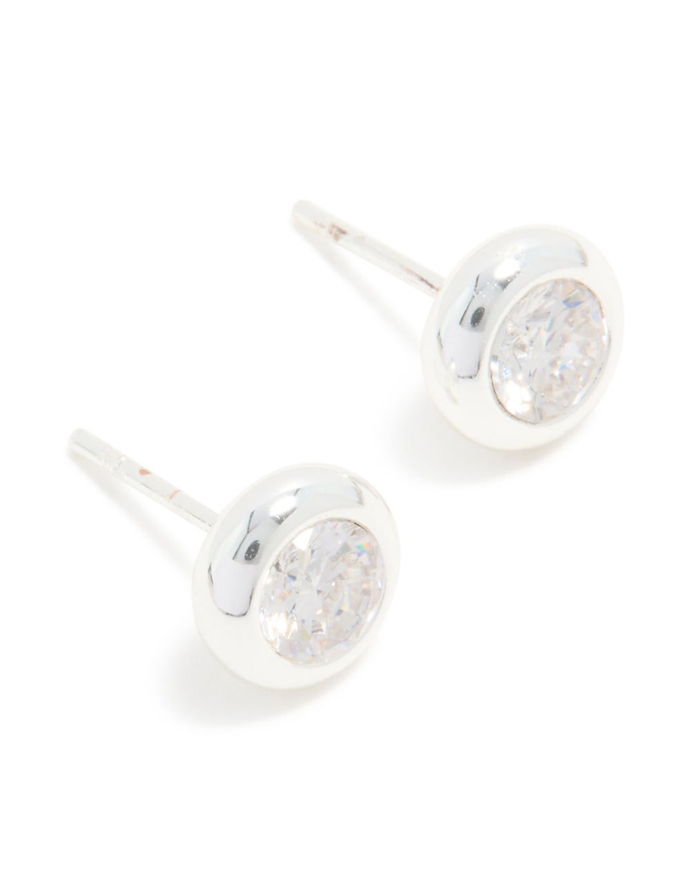 Showcasing waterproof stainless steel round cubic zirconia bezel-set earrings with crystal in silver and clear front view