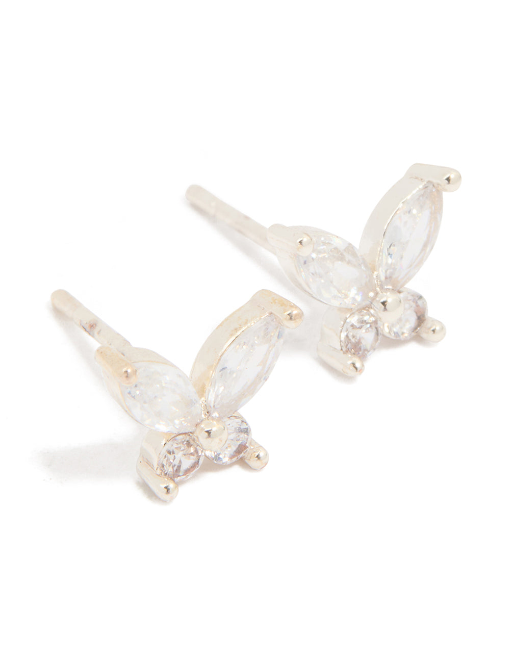 Showcasing butterfly stud earrings with cubic zirconia in waterproof stainless steel and silver and clear tones front view