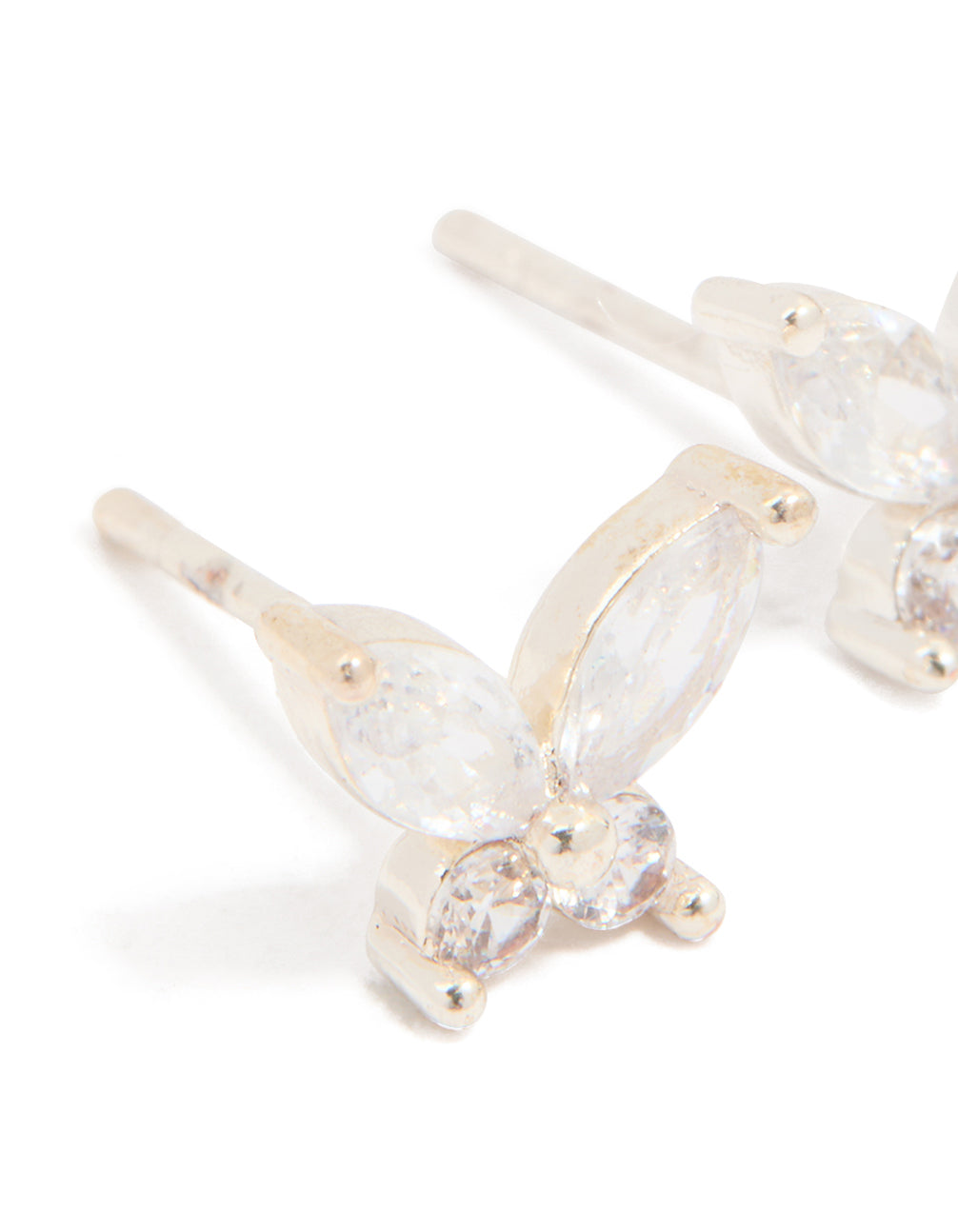 Designed with cubic zirconia butterfly stud earrings in waterproof stainless steel with silver and clear tones close up view