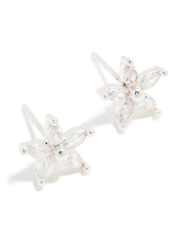 Waterproof Stainless Steel Cubic Zirconia Five-Petal Flower Stud Earrings