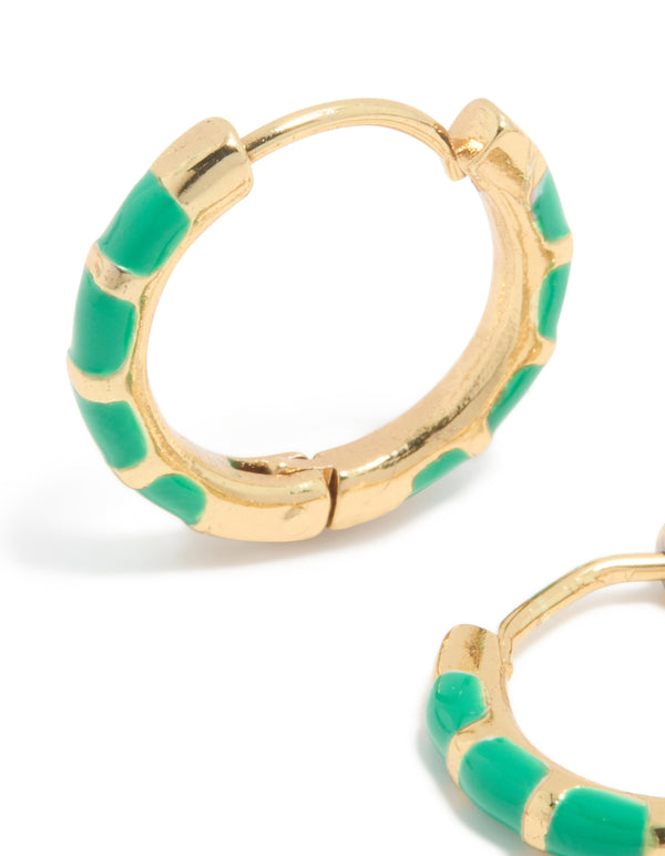 Waterproof Gold Plated Stainless Steel Bamboo Green Enamel Huggie Earrings