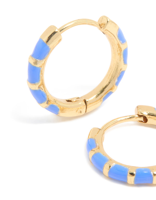 Waterproof Gold Plated Stainless Steel Blue Enamel Bamboo Huggie Earrings