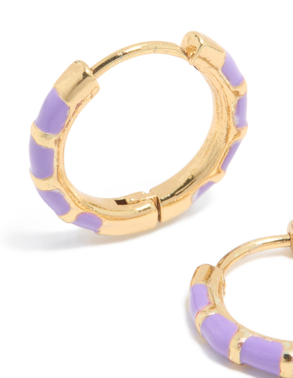 Waterproof Gold Plated Stainless Steel Purple Enamel Bamboo Huggie Earrings