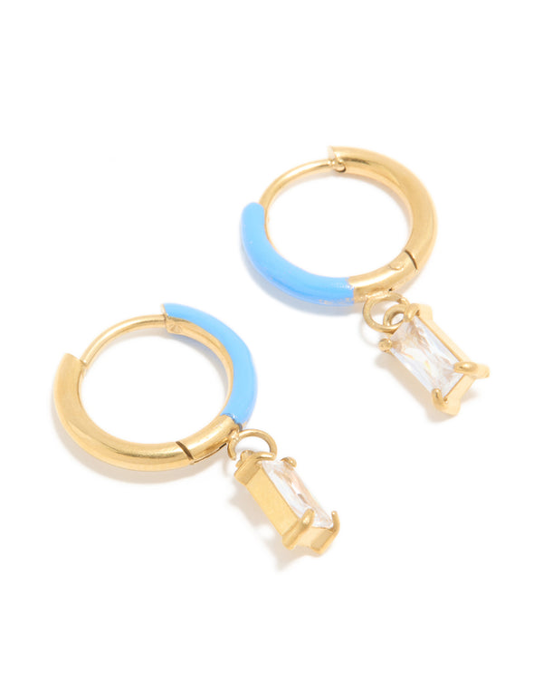 Showcasing waterproof huggie earrings with sky blue enamel, cubic zirconia charm, crafted from stainless steel in a front view