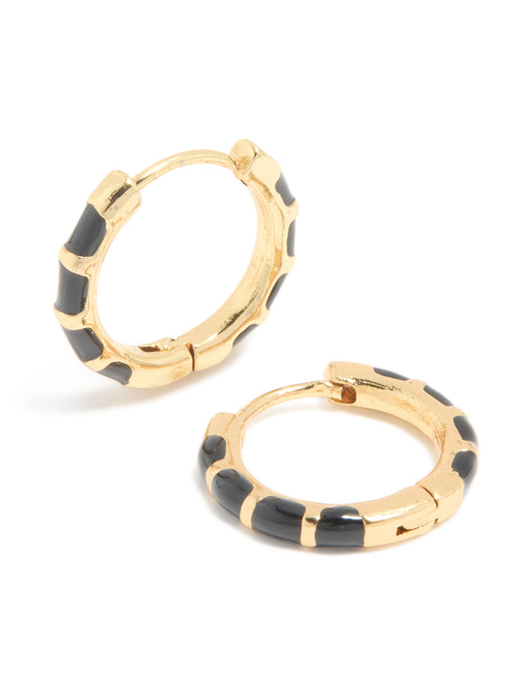 Waterproof Gold Plated Stainless Steel Black Enamel Bamboo Huggie Earrings