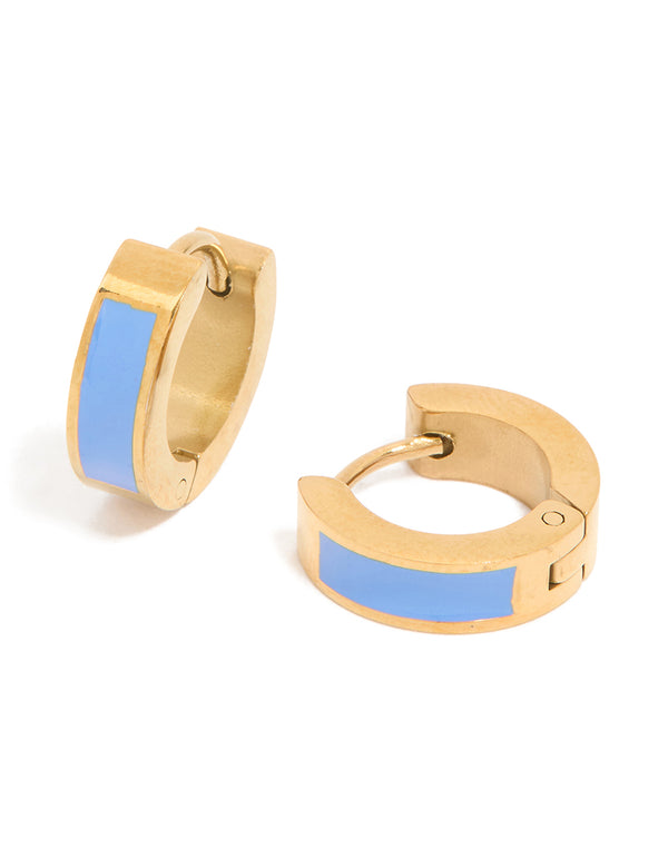 Featuring small waterproof blue enamel inlay huggie earrings in gold plated stainless steel front view