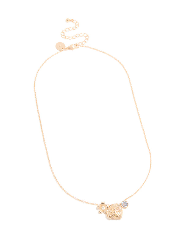 Gold Diamante Flower & Heart Locket Charm Necklace