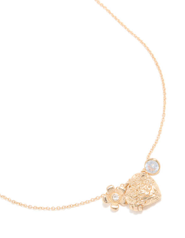Gold Diamante Flower & Heart Locket Charm Necklace