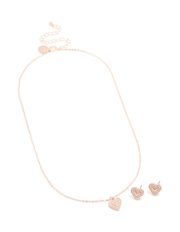 Rose Gold Pearl Heart Border Necklace & Earrings Set