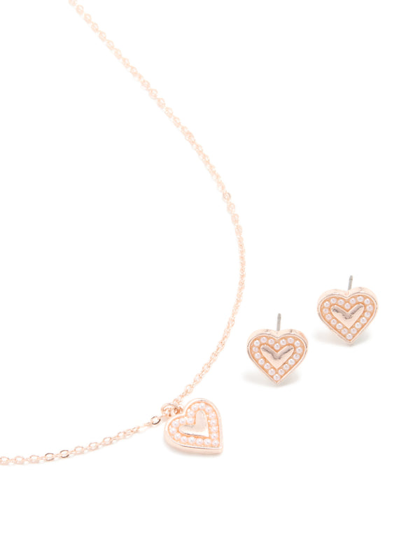 Rose Gold Pearl Heart Border Necklace & Earrings Set