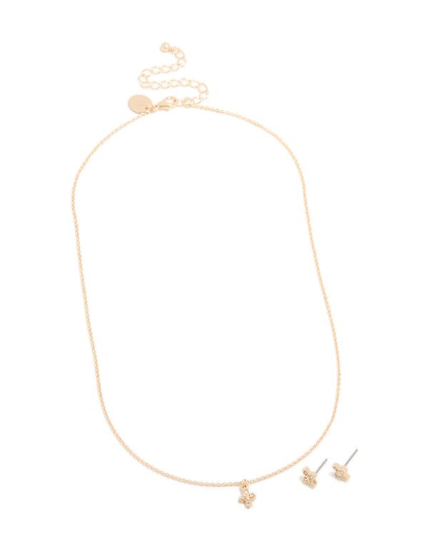 Gold Diamante Mini Cross Necklace & Earrings Set
