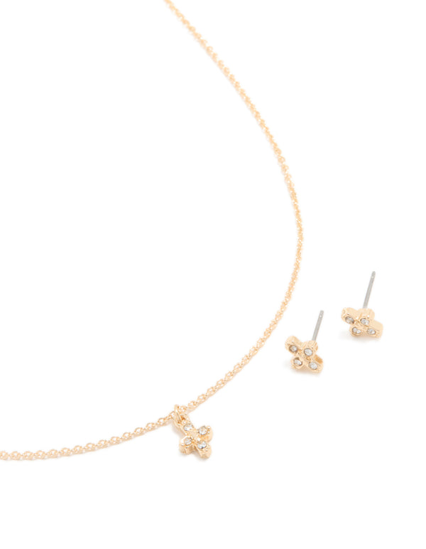 Gold Diamante Mini Cross Necklace & Earrings Set